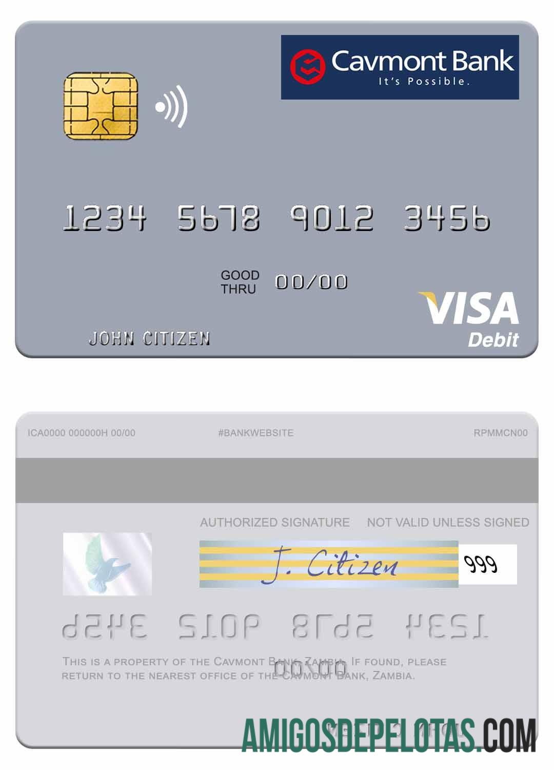 Cartão de débito Visa do Banco Cavmont da Zâmbia amostra